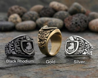Custom Family Crest Signet Ring, Personalized Logo Ring 925 Silver, Engraved Coat of Arms Ring, Mens Womens Ring, Black Rhodium Gold Silver
