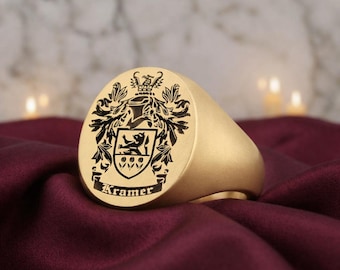 Custom Family Crest Signet Ring, Personalized Heraldic Coat of Arms Ring, Gold Plated Seal Ring, Surname Ring, Unique Heirloom Gift