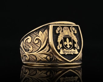 Custom Family Crest Ring, Personalized Coat of Arms Signet Ring, Unisex Heraldic Ring, Handmade Family Heritage Jewelry