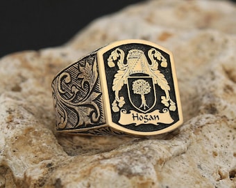 Personalized 925 Sterling Silver Signet Ring, Custom Engraved Family Crest Ring, Coat of Arms Jewelry, Handmade Statement Ring, Unique Gift