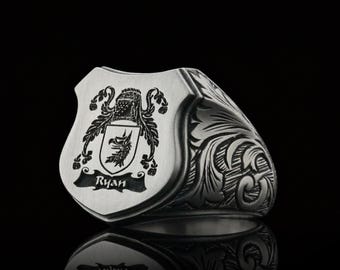 Custom Family Crest Signet Ring, Personalized 925 Silver Ring, Engraved Coat of Arms Ring, Handmade Heraldic Jewelry, Gift for Him Her