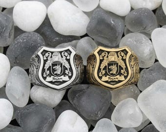 Deep Engraved Family Crest Signet Ring, Personalized 925 Silver Ring, Coat of Arms Ring, Handmade Heraldic Jewelry, Gift for Him Her
