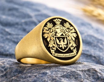 Raised Family Crest Signet Ring, Custom Embossed Coat of Arms Ring, Gold Plated Heraldic Ring, Personalized Surname Seal Ring, Unisex Gift