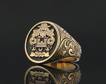 Oval Personalized Family Crest Signet Ring, Custom Engraved Silver Ring for Men, Heraldic Coat of Arms Ring, Handmade Jewelry, Family Gift