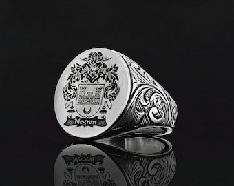 Personalized Family Crest Signet Ring, Custom Engraved Silver Ring for Men, Heraldic Coat of Arms Ring, Handmade Jewelry, Family Gift