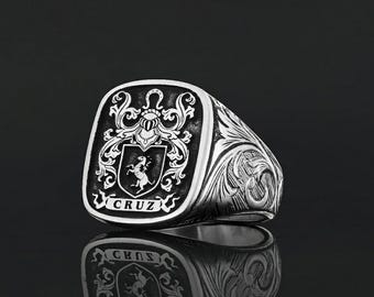 Anillo de sello con escudo familiar personalizado - Anillo de plata grabado a medida - Anillo con escudo heráldico - Anillo con escudo de estilo vintage