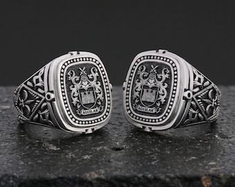 Bespoke Crest Signet Ring, Personalized Shield Ring, Custom Logo Jewelry, Handmade Sterling Silver Ring, Timeless Gift for Him or Her