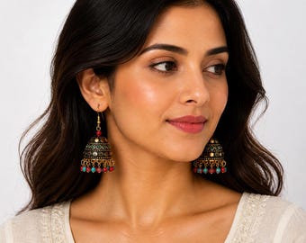 Antique Gold Jhumka Earrings – Dome Drop with Red Green Beads, Ethnic Vintage Jewelry