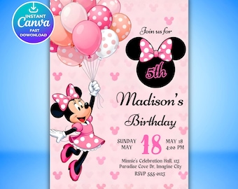 Editable Minnie Mouse Birthday Invitation, Pink Minnie Party Invite, Girls Birthday Invite, Canva Template, Instant Download