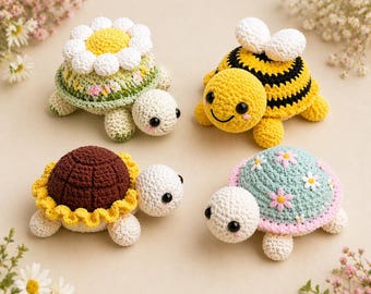 Virkade sköldpaddsmönster utan sömnad | Bi, tusensköna, solros amigurumi PDF