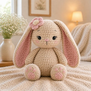 Può includere: Una bambola a forma di coniglio realizzata all'uncinetto, beige con dettagli rosa. Il coniglio ha lunghe orecchie flosce con fodera rosa, un fiore rosa e cuscinetti rosa. La bambola è seduta su una coperta beige. Alta circa 25 cm.