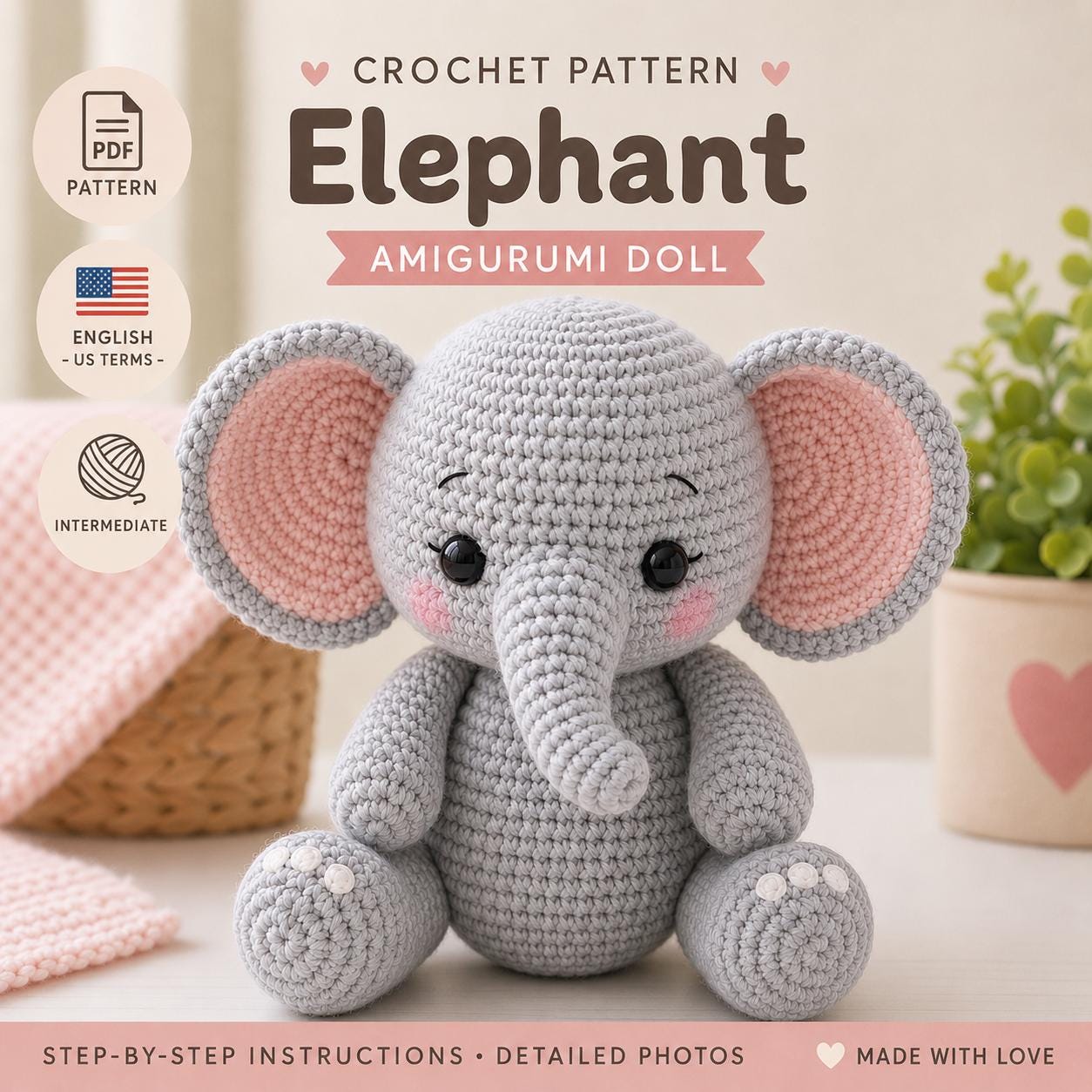 NO SEW Elephant Amigurumi Crochet Pattern (PDF), Easy Intermediate ...