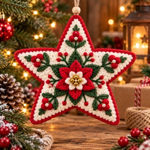 Può includere: Un ornamento all'uncinetto a forma di stella con una base color crema e un bordo rosso. Il centro presenta un fiore di stella di Natale rosso e crema con perline dorate, circondato da foglie verdi all'uncinetto e bacche rosse con perline.