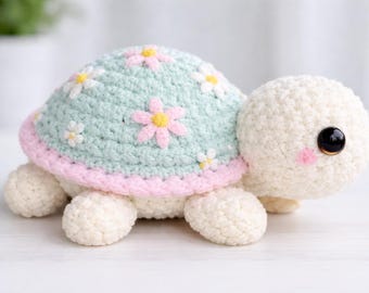 Pastell Daisy Turtle Crochet Pattern (PDF), Amigurumi Plush Tutorial för nybörjare