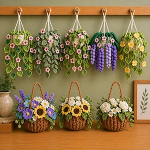 May include: A collection of handmade crochet plant hangers and baskets. The hanging planters feature green leaves and pink or yellow flowers. Baskets with handles display sunflowers, daisies, and other colorful blooms. The items are displayed on a wooden surface.