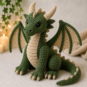 May include: A handcrafted crochet dragon in shades of green and tan. The plush toy features large, expressive eyes, detailed wings, and horns. The dragon is sitting, showcasing its intricate stitching and design.