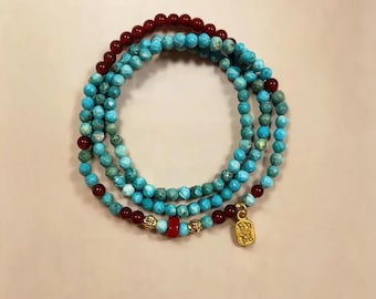 Turquoise Cliff - Turquoise and Red Agate Beaded Bracelet, Triple Wrap Natural Stone Stretch Bracelet, Boho Gift, Larme Design