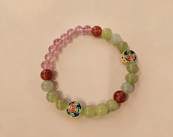 Grün-Rosa-Rhythmus – Armband aus grünem Stein und Achatperlen, Stretch-Armband aus rosa Naturstein, Geschenkidee für Sie, Larme Design