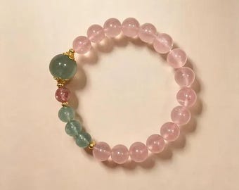 Peach and Green - Pink Chalcedony and Strawberry Quartz Beaded Bracelet, Natural Stone Stretch Bracelet, Love Gift, Larme Design