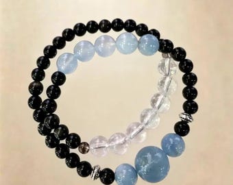 Inkstone Sea – Armband aus Aquamarin- und Obsidianperlen, mehrlagiges Stretch-Armband aus Naturkristallen, Schutzgeschenk, Design von Xiao Man