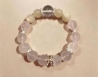 Moonlit Rose Cloud - Rose Quartz and Moonstone Beaded Bracelet, Pink Natural Crystal Stretch Bracelet, Love Gift, Larme Design