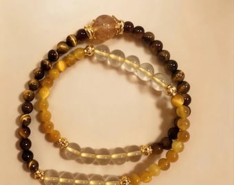 Golden Tigers Path - Tiger Eye and Citrine Beaded Bracelet, Gold Natural Stone Stretch Bracelet, Confidence Gift, Larme Design