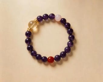 Twin Amethyst Fortune - Amethyst and Agate Beaded Bracelet, Purple Natural Crystal Stretch Bracelet, Lucky Gift, Larme Design