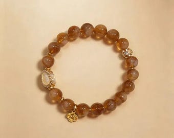 Wishes Come True - Citrine Beaded Bracelet, Golden Natural Crystal Stretch Bracelet, Glass Gourd Charm, Larme Design