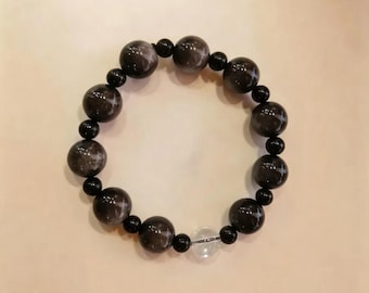 Obsidian Starlight - Obsidian and Quartz Beaded Bracelet, Black Natural Crystal Stretch Bracelet, Protection Gift, Larme Design