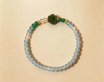 Sea Mist - Aquamarine & Rose Quartz Beaded Bracelet, Frosted Blue Crystal Bracelet, Dainty Calming Gift, Green Flower Charm