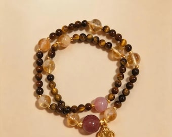 Tigers Amber Light - Tiger Eye Beaded Bracelet, Golden Brown Natural Stone Stretch Bracelet, Protection Gift for Him, Larme Design