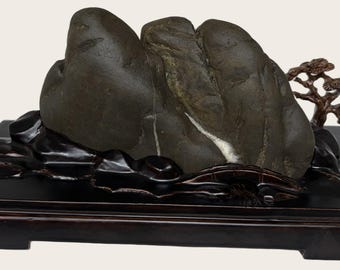 Mist Ridge - Natural Viewing Stone with Waterfall Vein, Bronze Pine, Carved Stand, Chinese Scholars Rock Suiseki Bonsai Gongshi