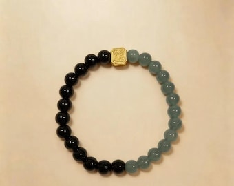 Ink and Ripple - Blue-Water Stone and Obsidian Beaded Bracelet, Yin Yang Natural Stone Stretch Bracelet, Balance Gift, Larme Design