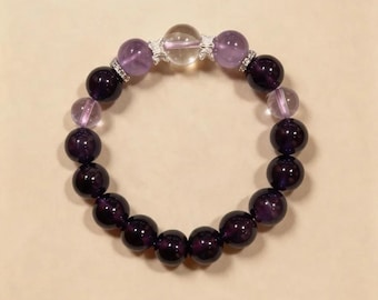 Starlit Amethyst - Natural Amethyst & Clear Quartz Beaded Bracelet, Purple Crystal Stretch Bracelet, Calming Anxiety Gift, Larme Design