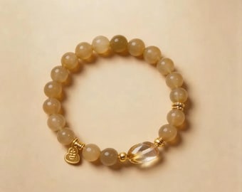 Caramel Fortune – Armband mit cremefarbenen Steinen und Citrinperlen, elastisches Natursteinarmband, goldener Kürbisanhänger, Design von Fanfan