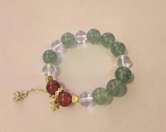 Spring Dew and Rosy Dawn - Strawberry Quartz Beaded Bracelet, Pink Natural Crystal Stretch Bracelet, Love Gift, Larme Design