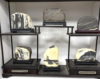 Wanfenglin Collection - Set of 6 Natural Picture Stones with Display Stand, Chinese Scholars Rock Suiseki Bonsai, Guizhou Viewing Stones