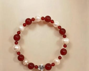 Scarlet and White - Red Agate and Pearl Beaded Bracelet, Natural Stone Stretch Bracelet, Flower Charm Gift, Larme Design