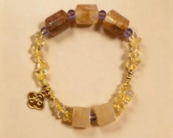 Autumn Crabapple - Citrine & Amethyst Beaded Bracelet, Warm Yellow Natural Crystal Stretch Bracelet, Fortune Gift, Larme Design