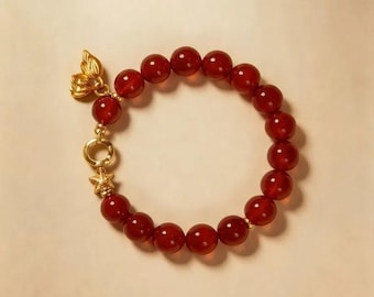 Golden Fortune - Red Agate Beaded Bracelet, Gold Accent Natural Stone Stretch Bracelet, Prosperity Gift, Larme Design
