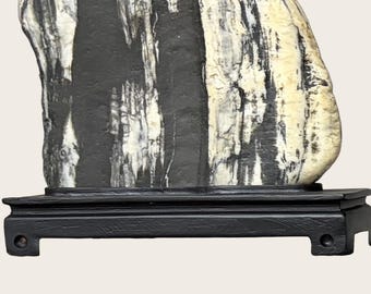 Ink Cliffs - Natural Viewing Stone on Wood Stand, Chinese Scholars Rock Suiseki Bonsai, Guizhou Picture Stone, Black White Zen Art