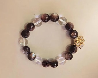 Purple Dusk on Snow - Lepidolite and Quartz Beaded Bracelet, Purple Natural Crystal Stretch Bracelet, Calming Gift, Larme Design