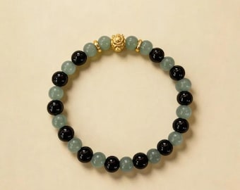 Still Crossing – Armband aus Obsidian und Blauwasserstein, Yin-Yang-Stretcharmband aus Naturstein, Geschenkidee für Balance, Larme Design