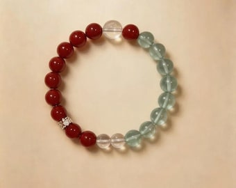 Red and Green Crossing - Red Agate and Fluorite Beaded Bracelet, Natural Stone Stretch Bracelet, Balance Gift, Larme Design