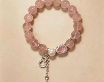 Pfirsichfarbener Kürbis – Armband aus rosa Chalcedon und Perlen, elastisches Natursteinarmband, Kürbis-Anhänger als Geschenkidee, Design von Wu Yunhua