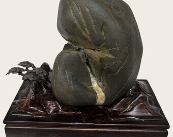 The Spring - Natural Viewing Stone with Quartz Vein, Bronze Pine, Carved Stand, Chinese Scholars Rock Suiseki Bonsai Gongshi, One of a Kind