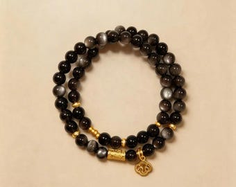 Ink Obsidian Guardian - Silver Sheen Obsidian Beaded Bracelet, Protection Natural Stone Stretch Bracelet, Unisex Gift, Larme Design