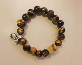 Tigers Fortune - Tiger Eye and Citrine Beaded Bracelet, Natural Stone Stretch Bracelet, Strength Gift, Larme Design