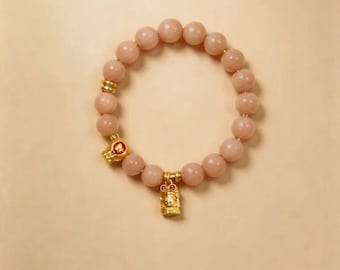 Prosperity Bead - Peach Moonstone Beaded Bracelet, Natural Stone Stretch Bracelet, Gold Fortune Pouch Charm, Larme Design