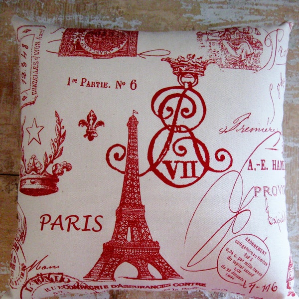 Red Paris Pillow, Eiffel Tower, French Country Home, Cottage Decor, French Decor, Home Decor, Decorative Pillow, Housewres